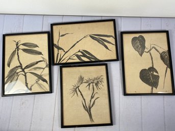 Set Of Four Vintage Asian Style Framed Botanic Prints, Signed