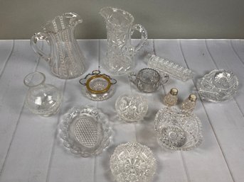 Large Lot Of Clear Cut Glass & Crystal Tableware, Including Pitchers, Trays & More