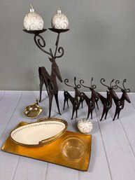 Fun Christmas Inspired Lot With Set Of Five Iron Decorative Reindeer And Other Miscellaneous Dishes With Gold