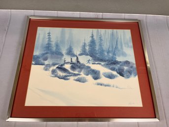 Beautiful Framed And Matted Signed Watercolor Cross Country Skiing Scene From Breckenridge