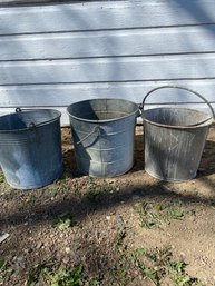 Three Vintage, Galvanized Steel Buckets With Handles, One Is Embossed With '14'