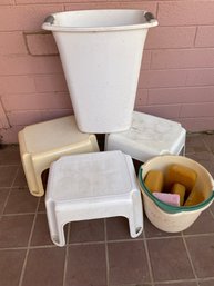 Lot Of 3 Step Stools, Sterilite 13 Gallon Trash Can, And Bucket With Sponges