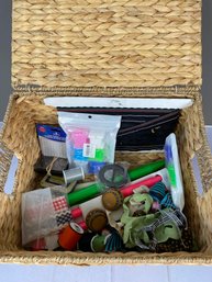 Wicker Or Ratan Box With Sewing, Embroidery And Knitting Supplies, Thread, And Notions