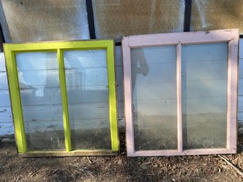 Pair Of Vintage Or Antique Split Pane Windows With Cool Colors On One Side, Lot A