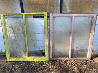 Pair Of Vintage Or Antique Split Pane Windows With Cool Colors On One Side, Lot B