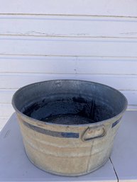 Vintage Galvanized Metal Wash Tub With Blue Stripe And Handles