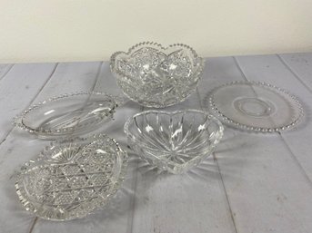 Five Pieces Of Vintage Glassware, Including A Divided Dish & Bowls