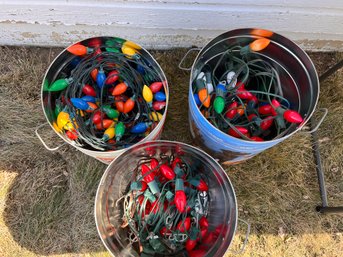 Three Tins Full Of Variety Of Outdoor Christmas Lights Including Old Fashioned Large Bulbs, Tested