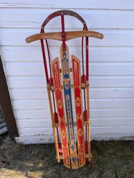 Colorful Vintage Royal Racer Wooden Sled With Metal Runners And Awesome Graphics