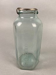 Fantastic Antique Six-sided Handmade Fruit Canning Jar Embossed With Protector