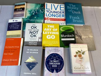 Lot Of Books On Various Topics, Including Grief, And Self Help