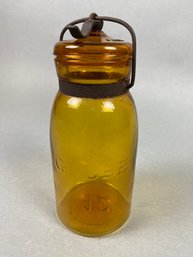 Antique Handmade One Quart Amber Globe Canning Fruit Jar With Lid