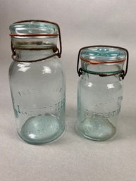 Pair Of Antique Handmade One Pint & One Quart Canning Fruit Jars With Lid, Putnam Lightning