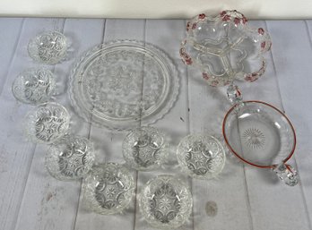 Cute Floral Cut Glass Serving Pieces- Including Berry Bowls, A Cake Plate, And A Large Serving Dish