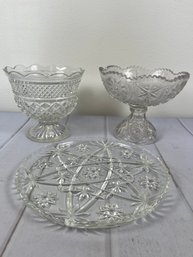 Nice EAPG Pedestal Dish, Anchor Hocking Fruit Bowl, And Cut Glass Cake Plate