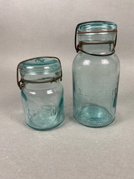Pair Of Antique Leotric Canning Fruit Jars With Lids, Quart & Pint