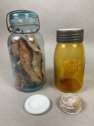 Pair Of Vintage Or Antique Canning Fruit Jars & Two Mason Jar Lids, Atlas E-Z Seal & Ball Buffalo Jar