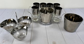 Chrome MCM Vitreon Queen's Lusterware Barware With Cups, Ice Buckets, And Nut Bowls