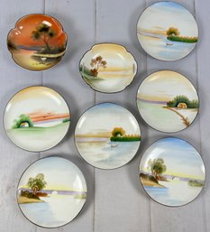 Meito China And Noritake Japan Hand-Painted Japanese Inspired Set Of Saucers With Landscape Scenes