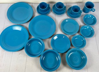 Huge Set Of Blue Fiestaware Everyday Dinnerware Includes Dinner Plates, Teacups, Cereal Bowls, And More
