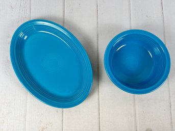 Great Blue Fiestaware Oval Serving Platter And A Round Serving Bowl