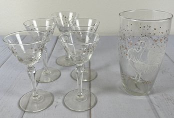 Awesome MCM Libbey Chanticleer Barware- Rooster Cordial Glasses And Matching Decanter