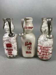 Three Vintage Quart Milk Bottles With Cream Top Spoons, Meadow Gold & Purity Milk