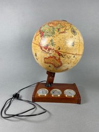 Vintage Electrified Light Up Scan Globe With Thermometer, Barometer & Relative Humidity & Wooden Base