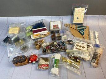 Great Lot Of Miscellaneous Sewing And Quilting Supplies- Includes Buttons, Thread, And Quilt Templates