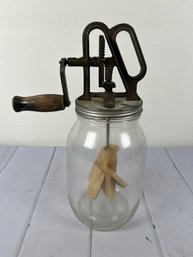 Neat Vintage Glass Dandy Butter Churn With Hand Crank And Wooden Paddle