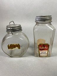 Pair Of Fantastic, Vintage Bottles Or Jars With Metal Lids, Solitaire Coffee & Butter-Nut Salad Dressing