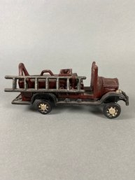 Vintage 10' Cast Iron Fire Truck Toy With Removable Ladder Metal Wheels