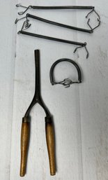 Antique Curling Iron With Wooden Handles And Metal Hair Rollers