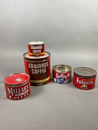 Vintage Half-, One- And Four-Pound Coffee Cans, Folgers, Edward's Coffee, Millar's Coffee & Butter-Nut