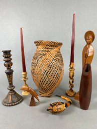 Collection Of South American Basket, Candlesticks, Vase, Carved Religious Figure, Hand Painted Bird