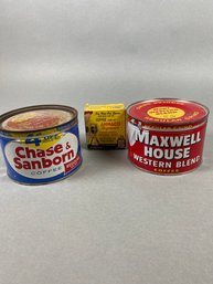Pair Of Vintage 1-lb Coffee Cans & A Vintage Ammaco Coffee Dispenser, Maxwell House & Chase & Sanborn
