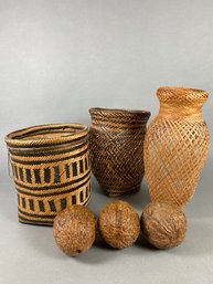 Set Of 3 Brazilian Handwoven Baskets And 3 Brazilian Nut Seed Pods With Nuts South America