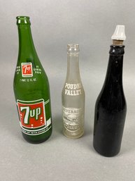 Three Antique Or Vintage Bottles, 7-Up, Mission Dry Sparkling & Poudre Valley Beverages