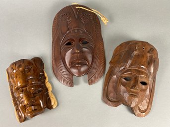 Set Of 3 Hand Carved South American Decorative Wooden Masks