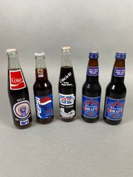 Set Of Five, Full Souvenir Soda Pop Bottles, Royal Crown Draft, Coca-Cola, Pepsi, Elvis