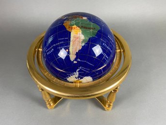 12' Table Top World Globe Semi-Precious Gemstone Brass Rotating Stand With Compass