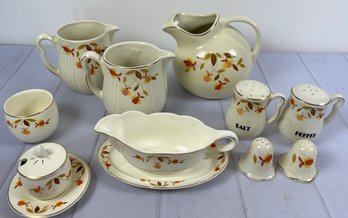 Great Lot Of Hall's Superior Jewel Tea Autumn Leaf Tableware- Includes Salt And Pepper Shakers, Pitchers, Etc