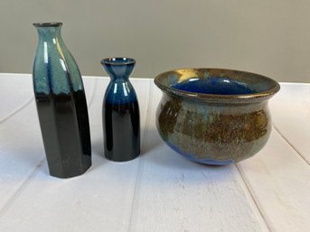 Lot Of Two Gorgeous Kotobuki Porcelain Soy Sauce Vessels,  And One Ceramic Serving Bowl By Elaine B.