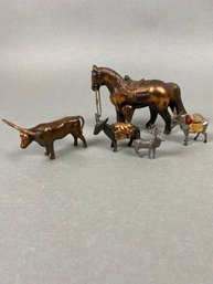 Miscellaneous Brass Metal Pewter Figurines Of Horses, Elk, Mules & A Bull