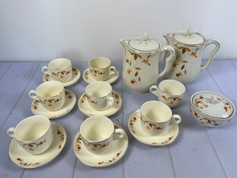 Adorable Set Of Hall's Superior Jewel Tea Autumn Leaf Coffee Pots, Coffee Cups With Saucers, And A Sugar Dish