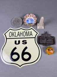 Miscellaneous Travel Memorabilia Souvenirs Including Route 66 Metal Sign, Colorful Colorado Ashtray