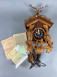 Emil Schmeckenbecher Black Forest Cuckoo Clock From Germany Switzerland, Elk Deer Rabbit Bird