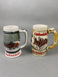 Pair Of Budweiser Holiday Series Mugs Or Steins, Third & Fourth Issues 1982 & 1983, CS57 & CS58