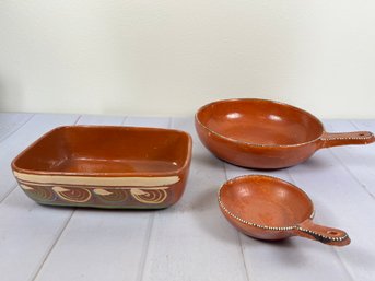 Vintage Pottery Handmade In Mexico- Includes Two Round Dishes With Handles And One Rectangular Dish