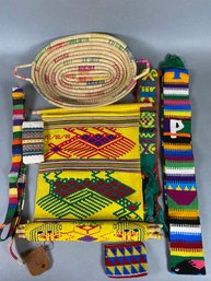 Large Handwoven Wall Hanging Tapestry, Napkins, Sashes, Purse, And Basket W/ Key Chain